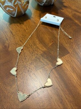 Rose Gold Heart Link Necklace with Five Hearts & Gold Stud Earrings